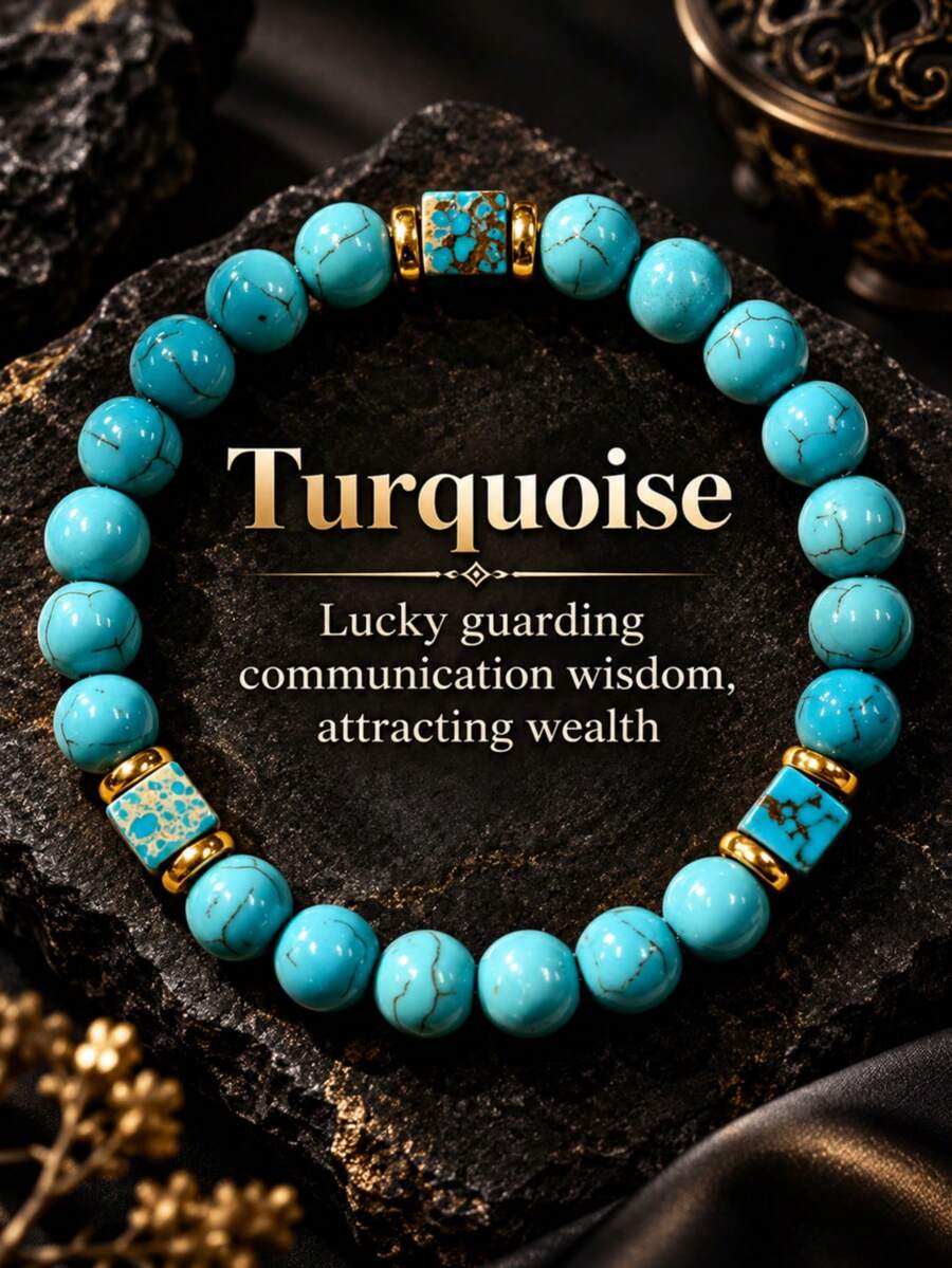 Blue-Green Textured Beaded Bracelet, Natural Style Round Beads With ...