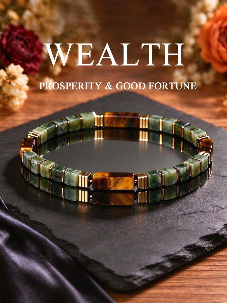 Symbolizing Wealth Beaded Bracelet With Square East Jade Tiger Eye, Attract Opportunity & Fortune, Vintage Spiritual Jewelry For Daily Wear Gifting - Multicolor - View 1