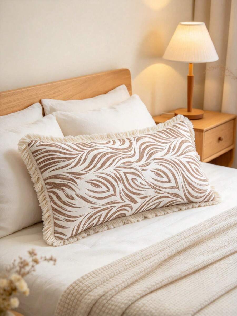 1PC Boho Style Tassel Long Pillow Cover,Vintage Brown Curved Ripple Pattern,Double-Sided Printing, Tassel Edge Design, Cushion Cover, Suitable For Sofa, Bench, Bed, Living Room, Bedroom And Home Decor(Excluding Pillow Core)-Size Excludes 3cm Tassels - Multicolor - View 1