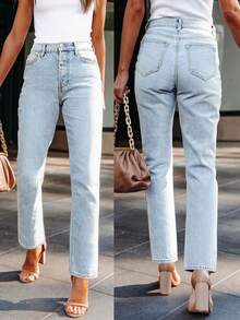 Light Blue Loose Elastic Straight-Leg Jeans, Women's Casual Vacation Denim Pants, Spring/Summer Fall - Light Blue - View 3