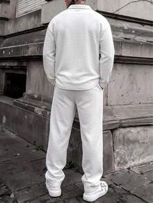 Mature Style Men's White Waffle Texture Set Half Zip Collar Casual Two Pieces Outfit Spring Autumn - White - View 3
