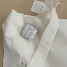 Minimalist Purple & Green Striped Earphone Case With Hanging Ring, Compatible With Apple 5/ 4, Cute Earphone Cover Compatible With Apple 2nd Gen/ 3, New Protective Case With Pendant, Korean Style Earphone Case For AirPodspro 3/Pro 2, Girls Earphone Protective Cover - White - View 1