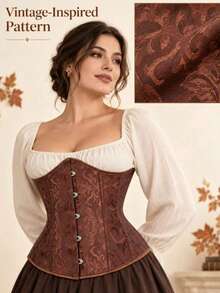 Women's Underbust Corset Renaissance Halloween Costume With Boning Support, Front Buckle, Back Lace-Up, Plus Size, Wide Pirate Belt, Gothic Victorian Outfit - A - View 2