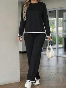 Women's Casual Black 2 Pieces Set, Round Neck Top With Side Stripe Detail, Medium Stretch - Black - View 5