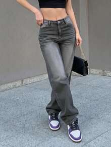 Black & Gray Gradient Distressed Mid-To-High Waist Wide Leg Jeans For Women, Vintage Washed Loose Drapey Floor-Length Street Casual Denim Pants - Grey - View 1
