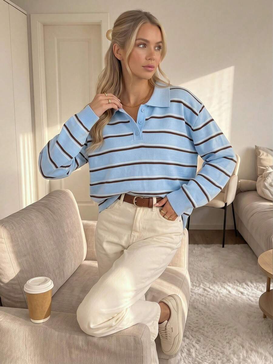Women's Autumn/Winter Fashion Polo Collar Colorblock Button Knit Top, Long Sleeve Casual Style