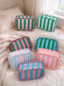 Cute Ruffle Striped Makeup Bag, Large Capacity Zippered Cosmetic Storage Bag, Colorful Striped Toiletries Organizer, Portable Travel Makeup Organizer - Multicolor - View 3