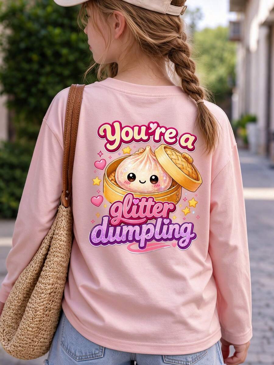 大女孩可愛 You're A Glitter Dumpling 背面印花長袖T恤，可愛卡通餃子圖案粉色上衣，休閒日常校園穿搭 - 粉色 - 查看 1