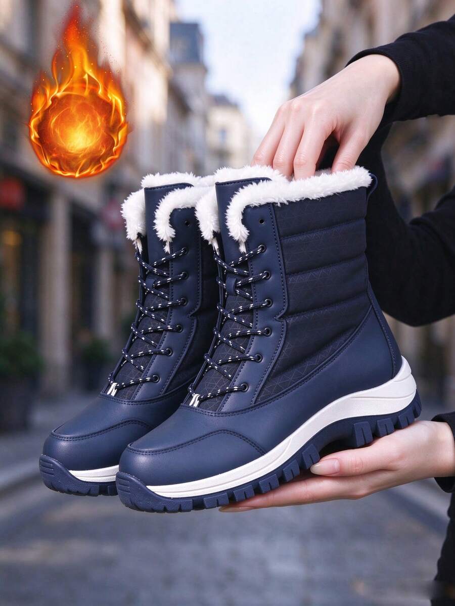 Ladies' Thick Warm Outdoor Sports Boots Anti-Slip Snow Boots, Winter High-Top Women's Boots - Navy Blue - View 1