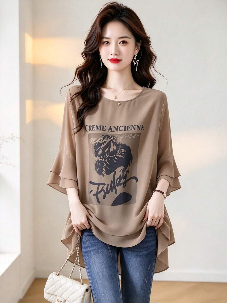 YUXIN Women's Summer Lightweight Chiffon Blouse, Character Print Ruffle Bell Sleeve Loose Casual Top, Asymmetrical Hem, Suitable For Daily Commute, Vacation And Leisure