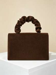Vintage Coffee Brown Suede Handbag With Pleated Wrist Strap, Elegant Evening Clutch - Coffee Brown - View 4