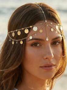 1pc Bohemian Multi-Layer Metal Coin Crystal Dangle Head Chain, Vintage Gold Forehead Jewelry, Women's Summer Beach Festival Wedding Hair Accessory - Gold - View 1