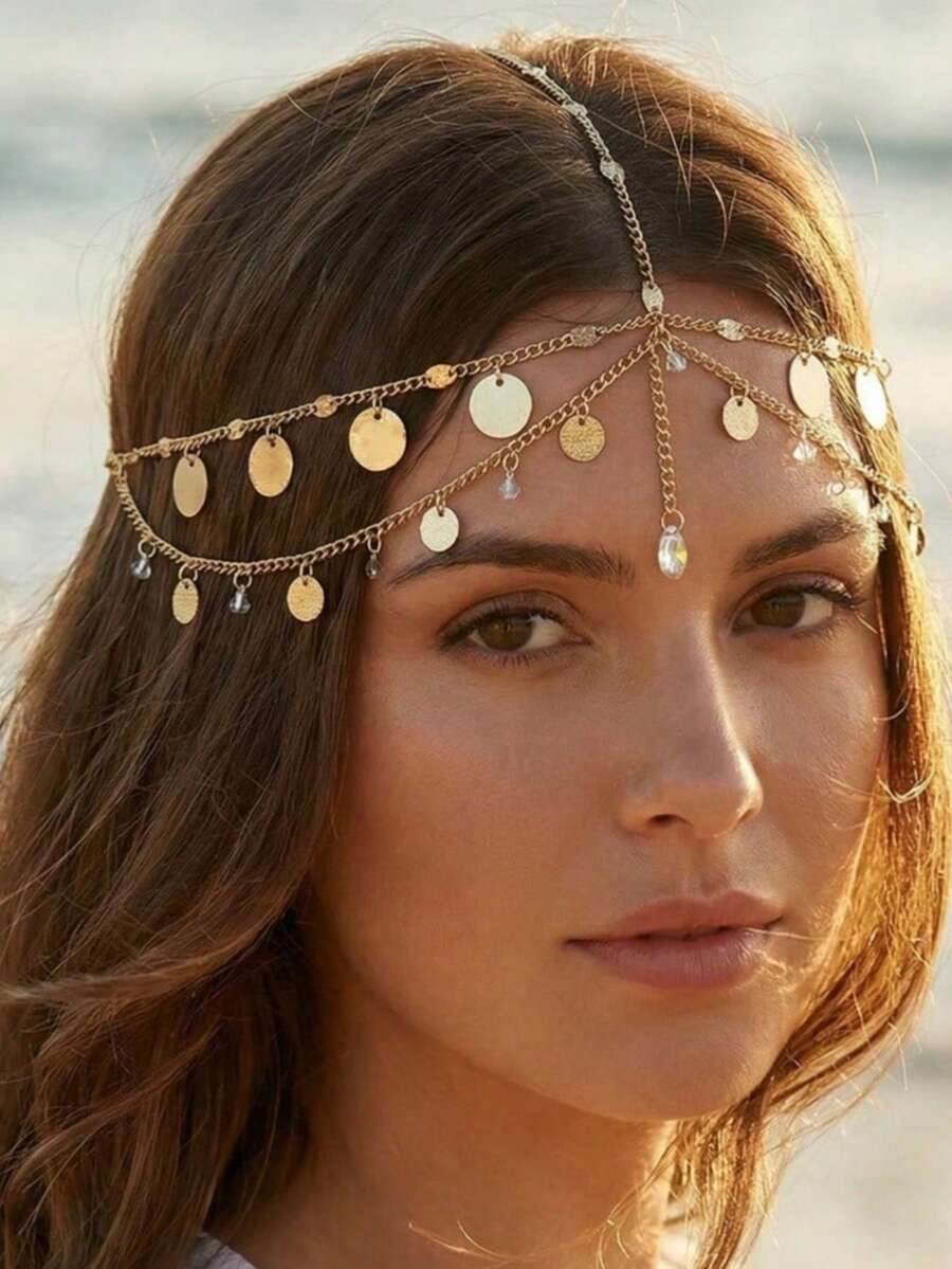 1pc Bohemian Multi-Layer Metal Coin Crystal Dangle Head Chain, Vintage Gold Forehead Jewelry, Women's Summer Beach Festival Wedding Hair Accessory - Gold - View 1