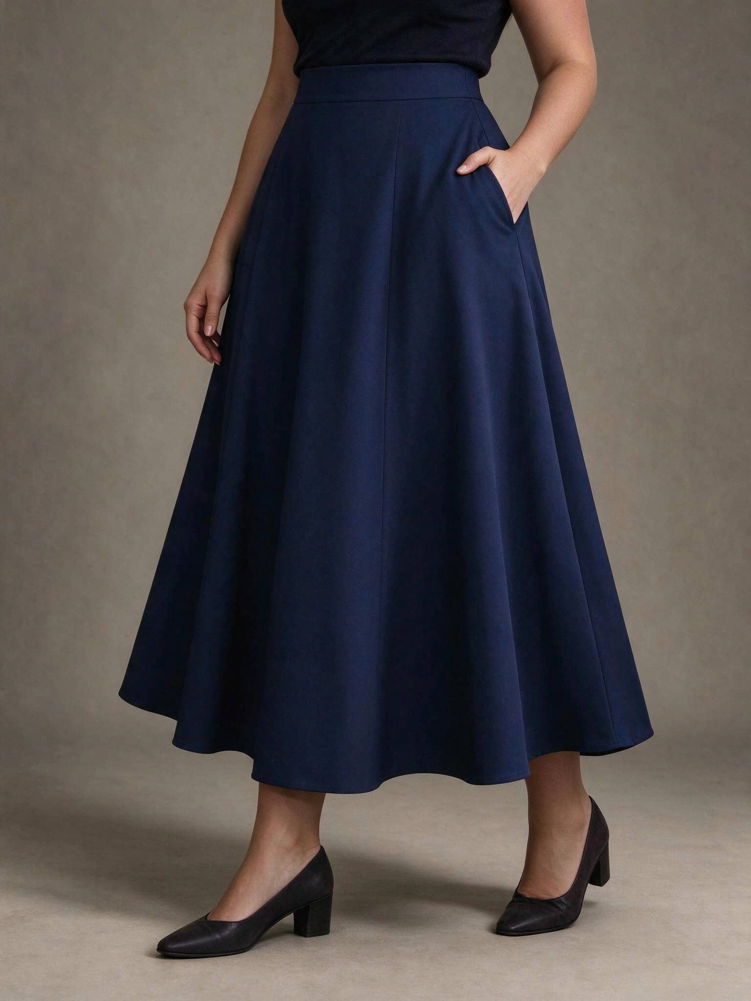 Women's Plus Size Elegant Fashion Minimalist Solid Color With Pockets Zipper Flared Hem Design Woven Fabric Casual Commute Daily Versatile Long Skirt For Autumn And Winter - Navy Blue - View 1