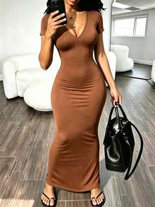 RNU Coffee Brown Solid Color V-Neck Short Sleeve Knit Dress, Soft Elastic Ribbed Fabric - Brown - View 4
