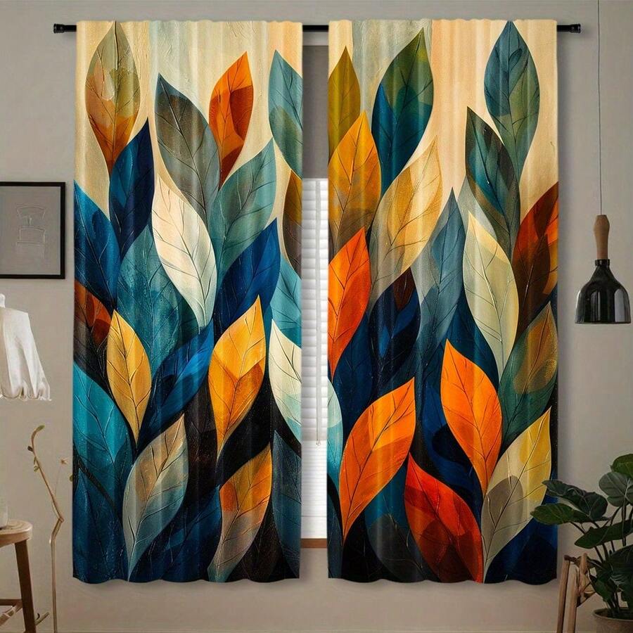 2 Pieces Vibrant Abstract Leaf Print Curtains - Rod Pocket, Semi-Sheer Polyester, Machine Washable - Perfect For Bedroom, Office, Kitchen, Living Room And Study - C - View 1