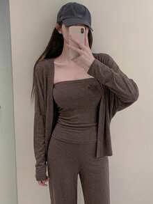 DAZY 女款 3 件組夏季棕色抹胸背心、披肩式開襟衫、直筒寬鬆休閒居家服套裝 - 棕色 - 查看 7