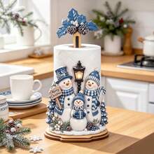 Wooden Christmas Snowman Paper Towel Holder, Vertical Kitchen Countertop Roll Storage Rack With "Merry Christmas" Label, Blue And White Winter Snow Scene, Vintage Farmhouse Style Christmas Tabletop Decor, Christmas Gift - View 4