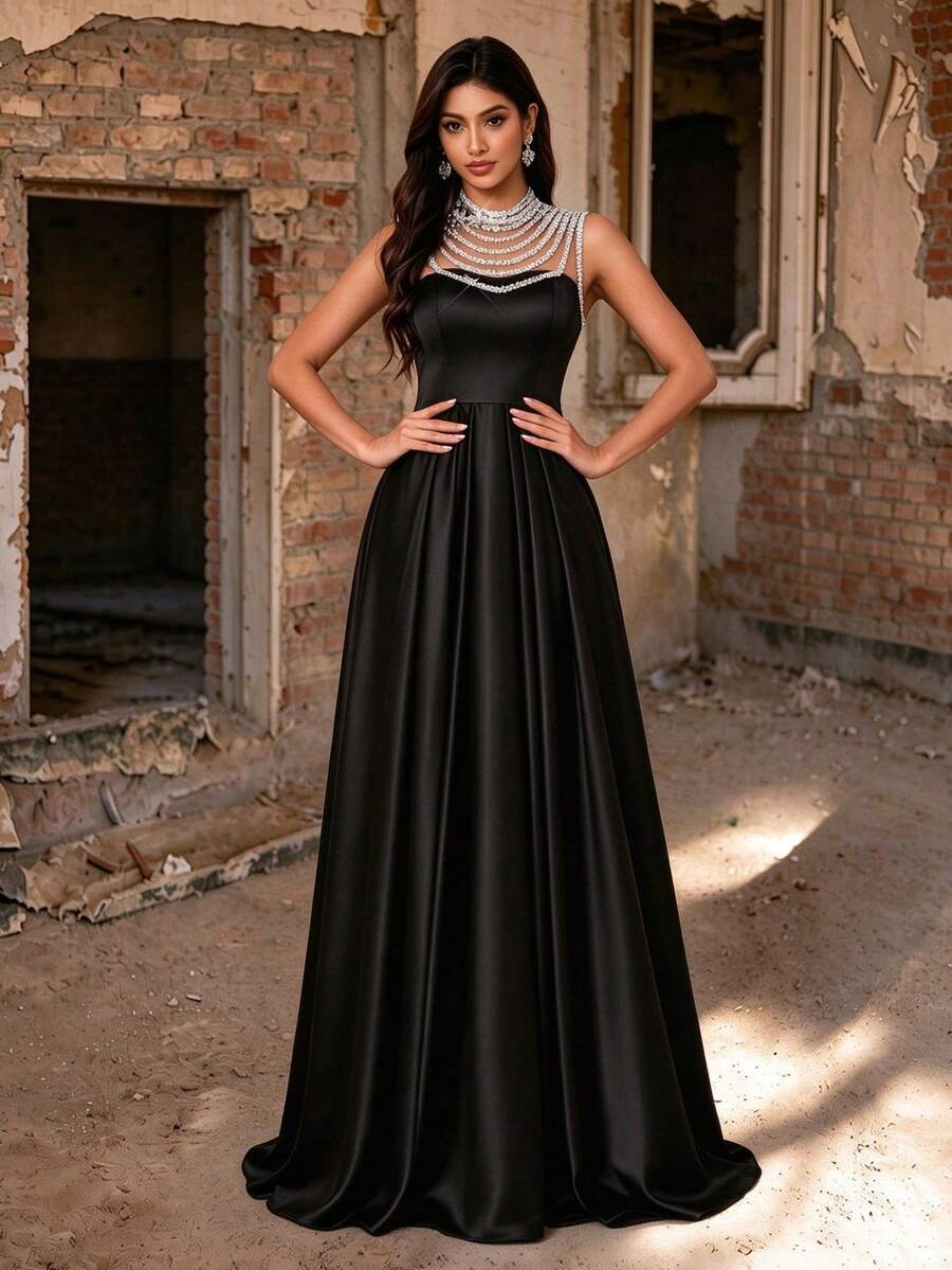 Autumn/Winter Elegant Multi-Layer Embroidered Ribbon Patchwork Bandeau Satin A-Line Long Dress, Suitable For Party, Wedding, Prom, Date - Black - View 1