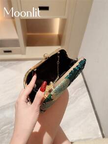 Moonlit Eve Bag 1件裝 綠色花卉斜挎迷你包 時尚復古鏈條晚宴包 方形迷你盒子包 適合派對女孩、新娘、大學生、職場新人與白領女性 完美適配派對、舞會、婚禮及舞會配件 隨機花紋 - 綠色 - 查看 4