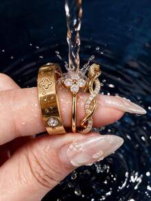 Stainless Steel 18K Gold Plated Waterproof Gold 3pcs Ring Set For Women, Clover Wide Ring, Cross Zirconia Open Ring, Twisted Full Rhinestone Thin Ring, Hypoallergenic, Fade-Resistant, Stackable Hand Jewelry, Daily Accessory - Gold - View 6
