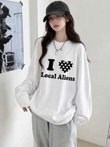Women's Fashion Autumn/Winter Loose Minimalist Versatile Letter & Heart Print Long Sleeve T-Shirt - White - View 1