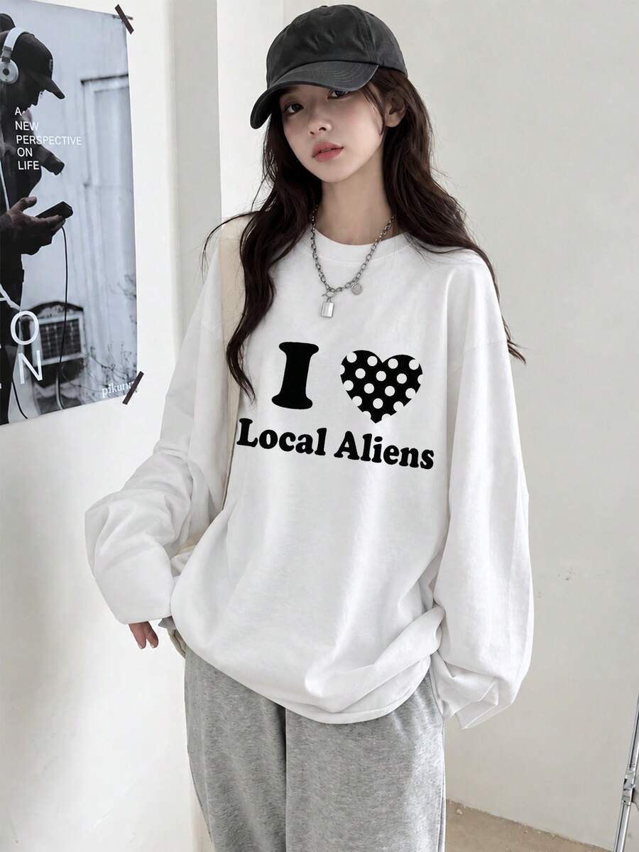 Women's Fashion Autumn/Winter Loose Minimalist Versatile Letter & Heart Print Long Sleeve T-Shirt - White - View 1
