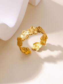 1 Pc Fashion Spliced Flower Open Ring For Women Gold Color Stainless Steel Geometric Ring Christmas Party Jewelry Gift - Gold - View 4