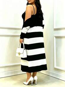 Women 2 Pcs Black And White Striped Dress & Long Cardigan Set, Spaghetti Strap Bodycon Midi Dress, Open Front Knit Cardigan - Black - View 7