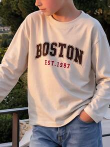 Boys Crew Neck Long Sleeve T-Shirt, Vintage Boston EST.1997 Letter Print Fall Winter Casual Top For School Daily Wear - Apricot - View 8