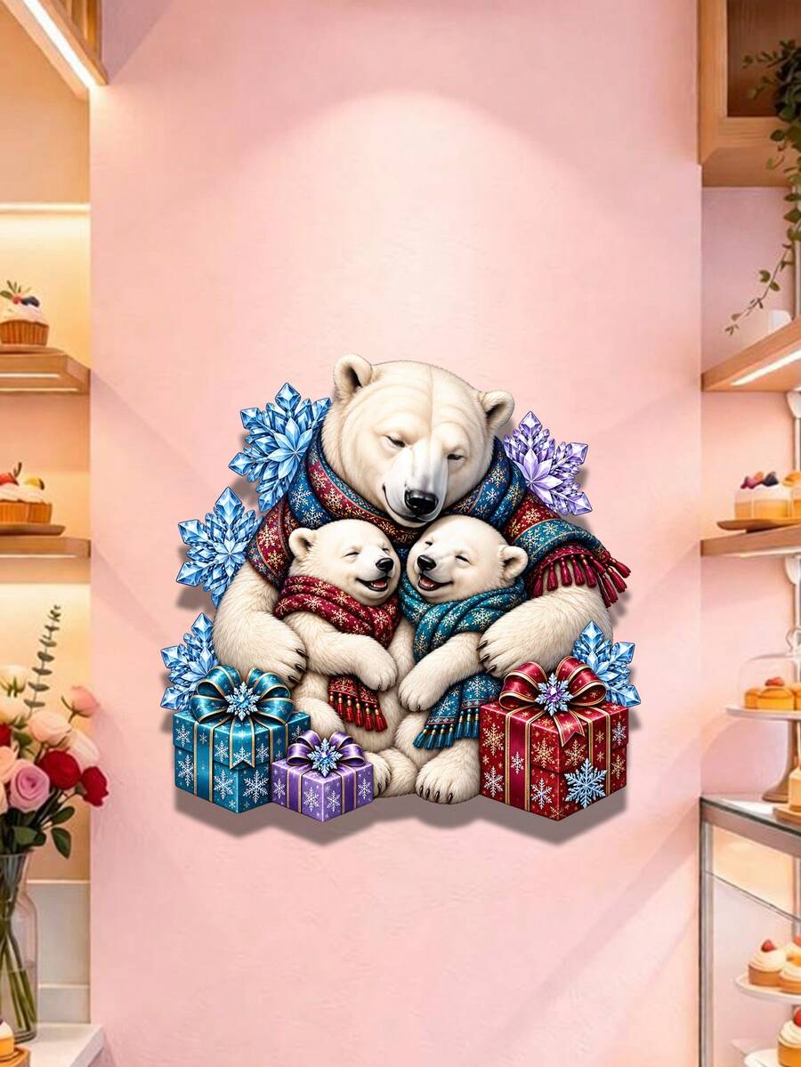 1pc Winter Polar Bear Metal Decorative Hanging Sign, Three Polar Bears Wearing Scarves Surrounding Gift Box, Suitable For Front Door, Living Room, Staircase Wall - Polar Bear - View 1