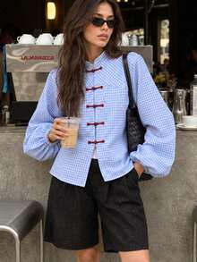 Plus Size New Plaid Women's Blouse, Elegant Casual Top For Daily Wear, Dating, Holidays, Vacation, All Seasons, Versatile Design - Blue - View 2