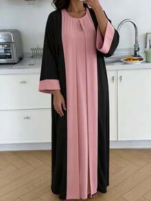 1pc Elegant Breathable Comfortable Black & Magenta Color Block 2 In 1 Design Fashionable Versatile Abaya - Multicolor - View 3