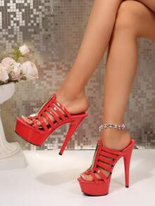 Red Solid Color Nightclub Style PU Leather Pure Metal 2026 Heel Sandals Party Summer - Red - View 12