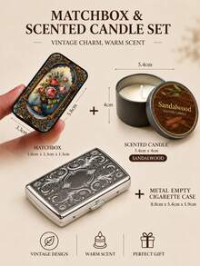 1PC Vintage Silver Metal Cigarette Case, Ornate Floral Pattern Flip Top Cigarette Holder With Inner Retaining Band, Portable Pocket Cigarette Storage Box, Optional Matchbox And Candle Gift Sets - Multicolor - View 10