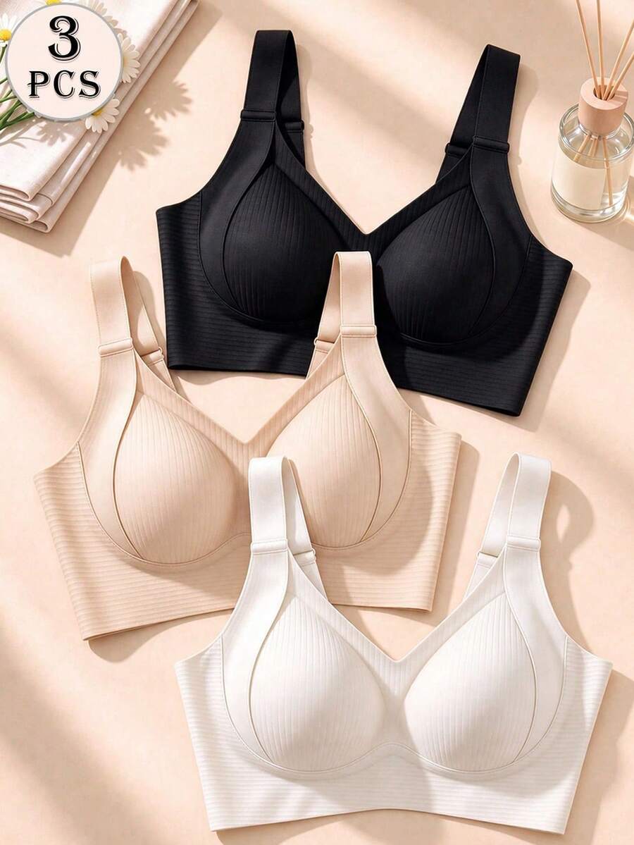 3pcs/Set Women's Seamless Push-Up Bralette, Wire-Free Tank Top Style Bra, Basic Yoga Sports Bra, Ribbed Wire-Free Bralette, Comfortable - Multicolor - View 1