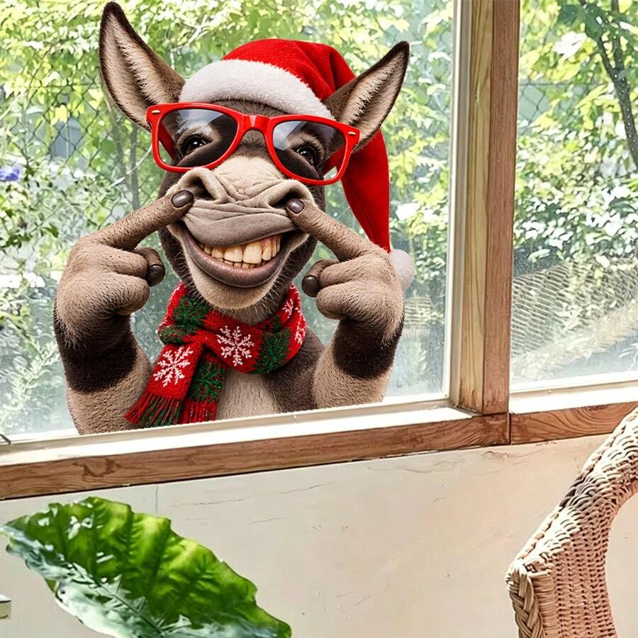 1/4pcs Christmas Window Stickers, Static Adhesion Reusable, PVC Printed, Fun Christmas Animal & Santa Hat Pattern, Removable Glue-Free, Suitable For Bedroom, Living Room, Kitchen, Christmas Home Decor, Holiday Decoration
