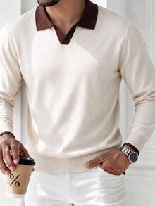 Men's Autumn/Winter Minimalist Solid Color Contrast Fashion Casual Turn Collar Long Sleeve Sweater, Suitable For Daily Commute, Fashionable Item - Apricot - View 4