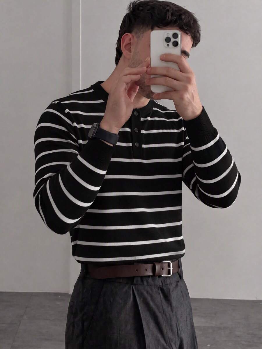 Vintage Colorblock Horizontal Striped Knit Top, Black & White Striped Henley Collar Long Sleeve Versatile Polo Sweater For Men, Autumn/Winter/Spring