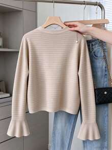 Áo cardigan dáng ngắn nữ màu be vân nổi cổ chữ V tay loe, mùa thu - Màu be - Xem 3