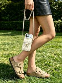 1pc Luxury Fragrance Style Rhombus Chain Lock Card Holder Crossbody Phone Case, Premium Wool Pattern Quilted Leather, Crossbody Leather Chain Coin Card Wallet Portable Protective Shell Suitable For Women Compatible With Apple 18 Pro Max/17 Pro Max/16 Pro Max/12 Pro/13/14 Plus/15 Pro Max/11 Galaxy S22 Ultra/S23U/S24U/25U/26U - Apricot - View 7