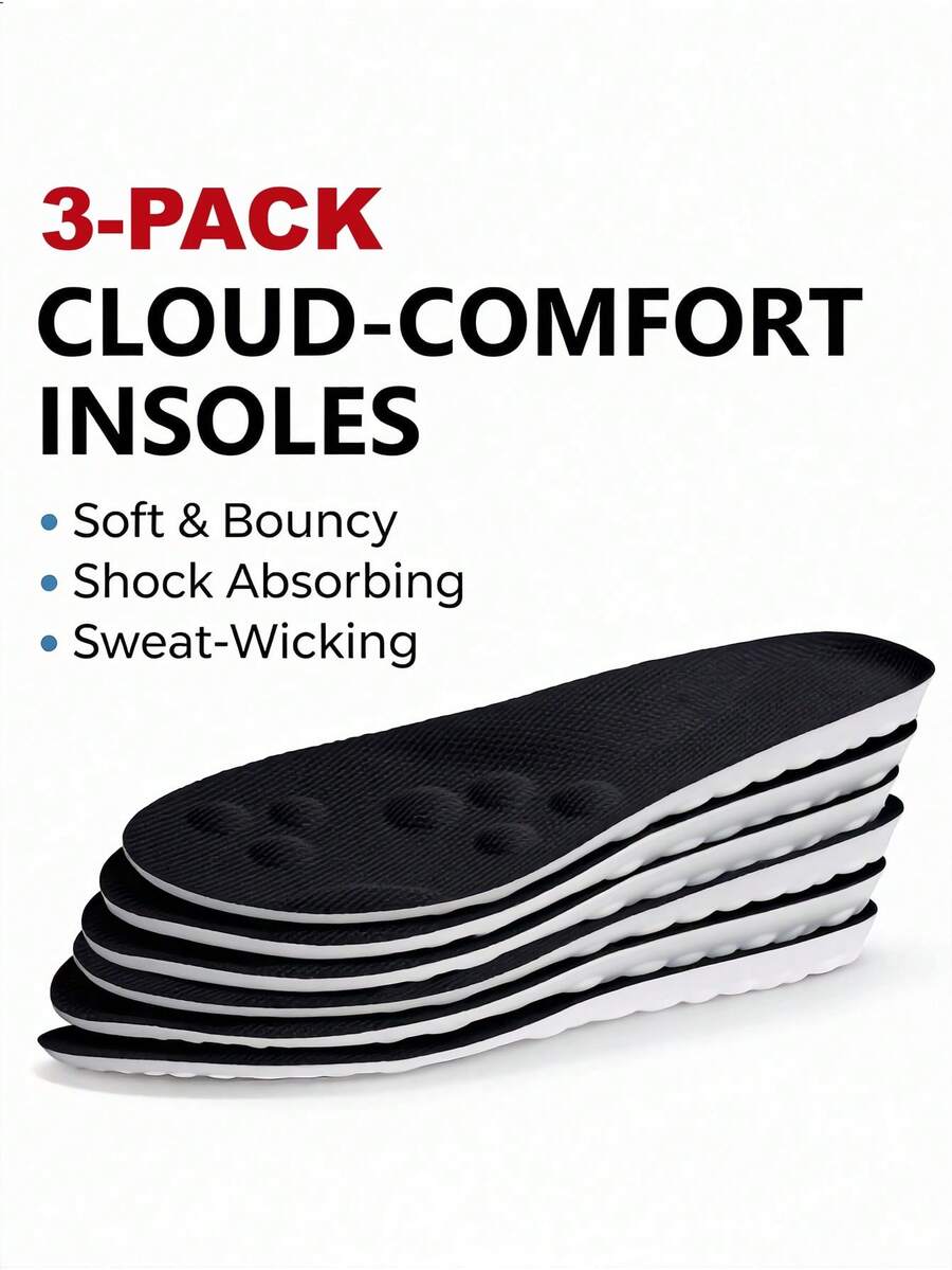 3 Pairs Unisex Sports High Elastic Arch Support Full Length Insoles, Shock Absorbing, Sweat-Wicking, Anti-Fatigue For Long Standing, Plus Size Shoe & Boot Accessories Set - Black & White - 3 Pairs - View 1
