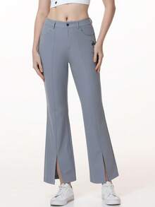 HOTSUIT Women's Knitted Flared With Side Slits & Pockets - Golf-Ready Solid Color Pants Featuring Front Split Design, Ideal For Daily And Sport Wear - Light Grey - View 7