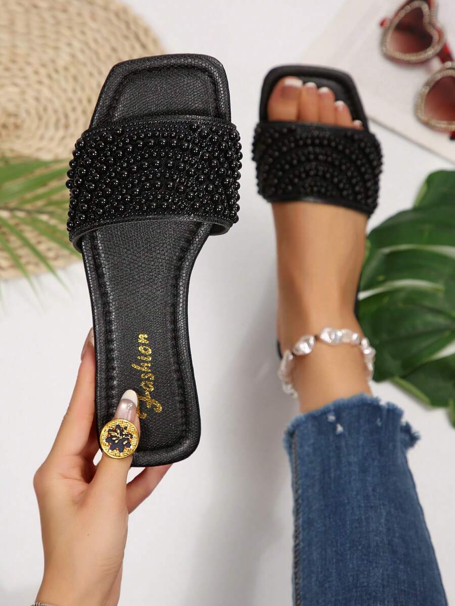 Summer Square Toe Pearl Embellished Single Strap Flat Slides, Gentle ...