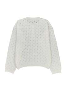 Women's Henley Neck Hollow Knit Sweater, Long Sleeve Elegant Button Detail Casual Pullover White - White - View 11
