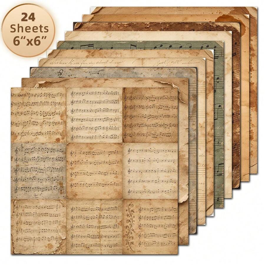 24 Sheets Vintage Dark Brown Burnt Music Score Decorative Paper, 6*6 ...