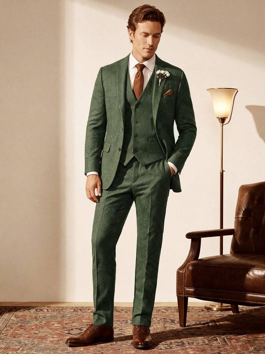 Officeau Men's 3 Pieces Old Money Dark-Green Wool Tweed Herringbone Luxury Suit Set, Blazer & Waistcoat & Pants, For Business Formal/Evening Wear/Wedding - Dark Green - View 1