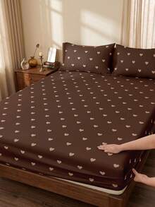 1pc Fitted Sheet, Bedding Bed Cover, Brown Heart Pattern Mattress Protector, Cozy Home Decor, Deep Pocket Dust-Proof Anti-Slip, Skin-Friendly Breathable Super Soft Lightweight, Suitable For Single/Double/Queen/King Size Bed, Pillowcase Not Included, Autumn Decor, Winter, Machine Washable - Multicolor - View 6