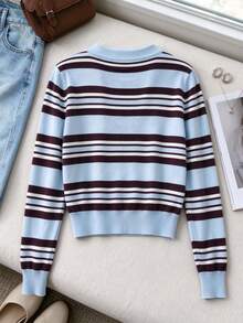 Women's Light Blue Striped Polo Collar Front Button Long Sleeve Knit Cardigan, Autumn - Multicolor - View 3