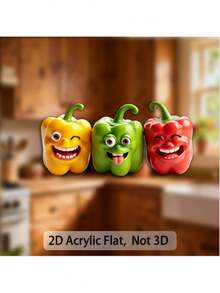 1pc 2D Flat Acrylic Cute Bell Pepper Fridge Magnet - Made Of Acrylic, Featuring Happy, Frowning And Neutral Expression Vegetable Characters, Cartoon Decoration Suitable For Children, Refrigerator And Bulletin Board - Non-Consumable, 2D Flat Design - Multicolor - View 1